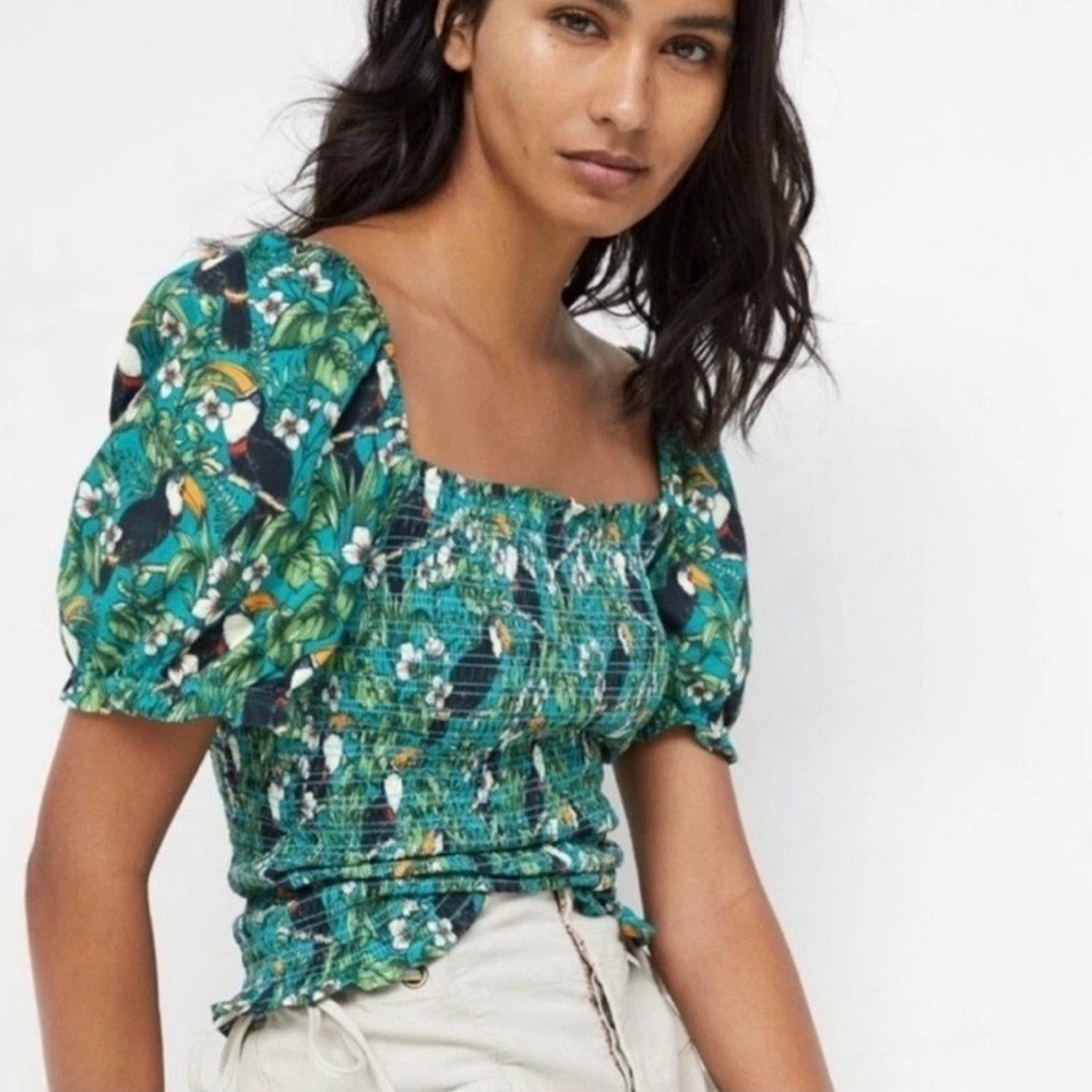 Anthropologie Dolan Left Coast Smocked Puff Sleeve Green Toucan Print Top Floral